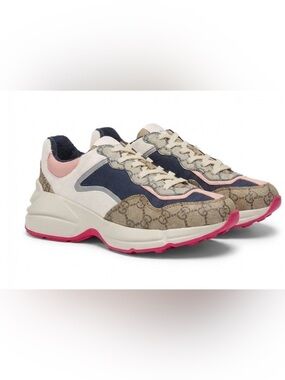Gucci Women's Rhyton Beige / Ebony / Pink Low Top Sneakers Sz 39